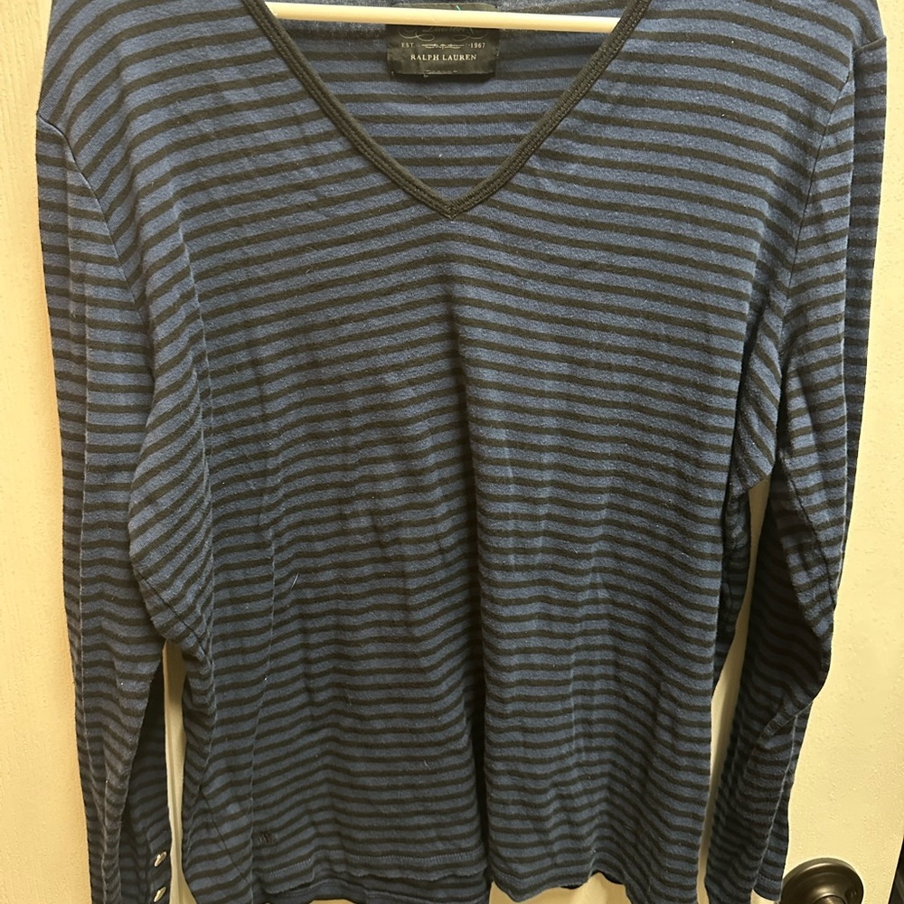 Ralph Lauren women's Blue Striped V-Neck Sweater size L/ NWOT B94